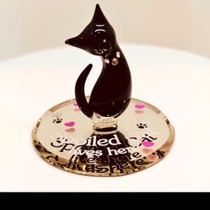 Spoiled Cat Black Glass Figurine on Mirror Cat Lover Home Decor Gift